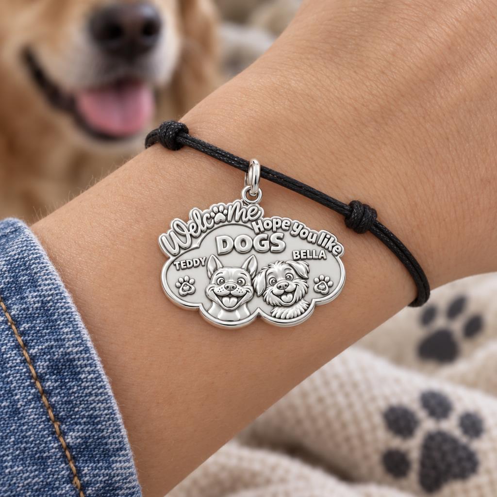 Welcome Hope You Like Dogs Charm Bracelet – Personalized Dog Mom Gift – worn on the wrist on a black cord bracelet