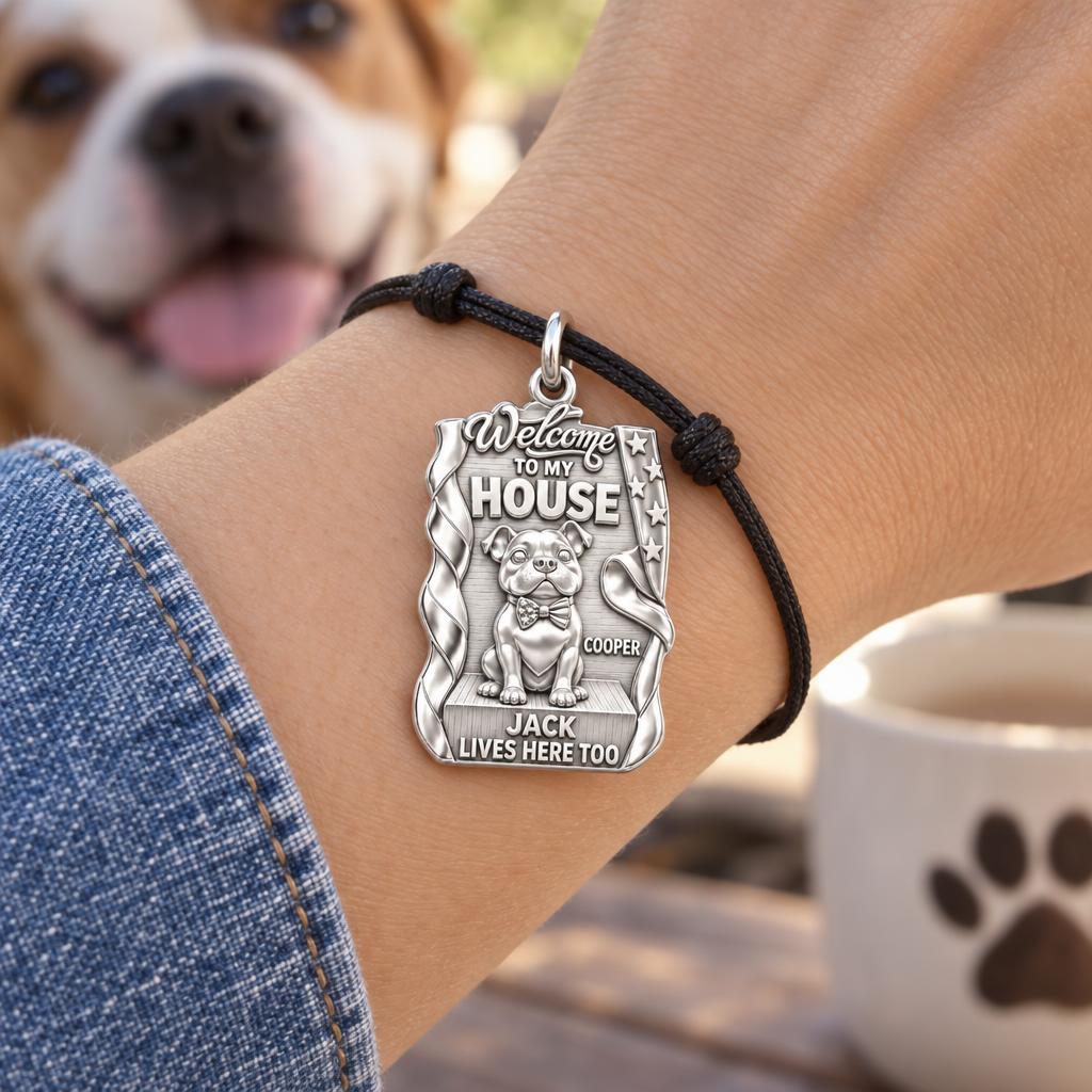 Welcome To My House Charm Bracelet – Personalized Dog Mom Gift – worn on the wrist on a black cord bracelet