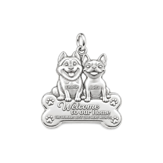 Welcome to Our Home Charm Bracelet – Personalized Dog Mom Gift – silver plated 3 cm charm, front view