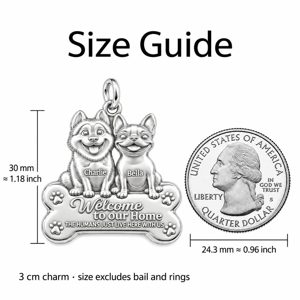 Welcome to Our Home Charm Bracelet – Personalized Dog Mom Gift – size guide, 3 cm charm next to a quarter