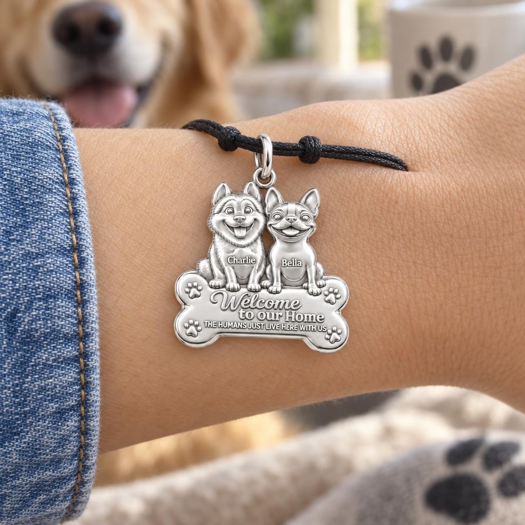 Welcome to Our Home Charm Bracelet – Personalized Dog Mom Gift – worn on the wrist on a black cord bracelet
