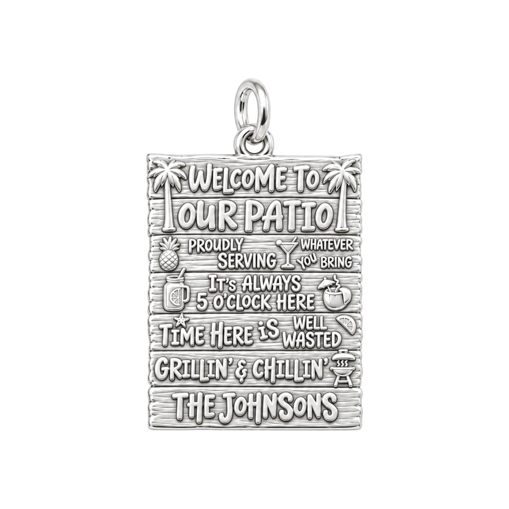 Welcome To Our Patio Charm Bracelet – Personalized Couple Gift – silver plated 3 cm charm, front view