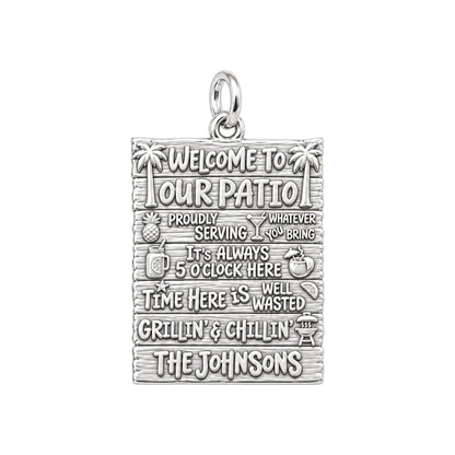 Welcome To Our Patio Charm Bracelet – Personalized Couple Gift – silver plated 3 cm charm, front view