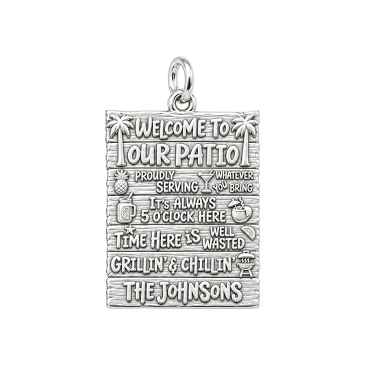 Welcome To Our Patio Charm Bracelet – Personalized Couple Gift – silver plated 3 cm charm, front view