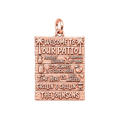 Welcome To Our Patio Charm Bracelet – Personalized Couple Gift – rose gold 3 cm charm, front view