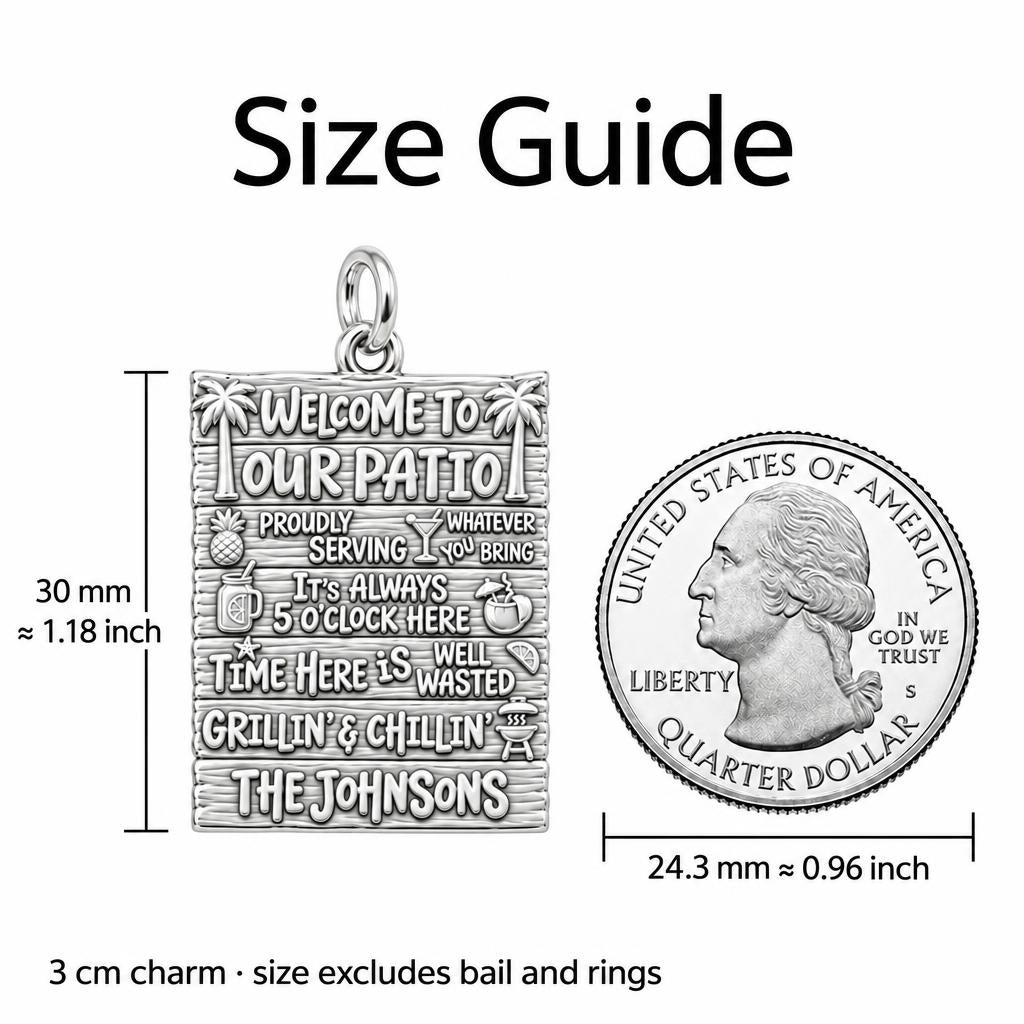 Welcome To Our Patio Charm Bracelet – Personalized Couple Gift – size guide, 3 cm charm next to a quarter