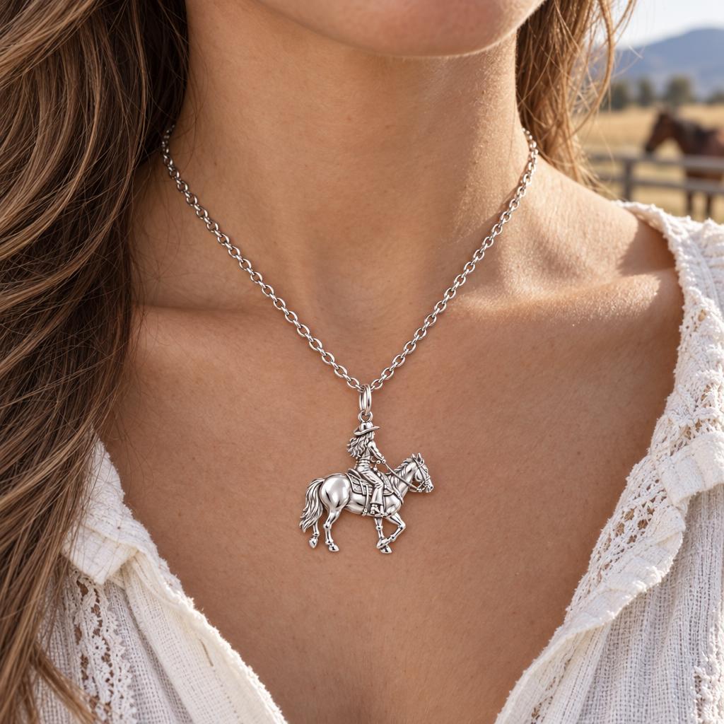 Western Spirit Rider Charm Necklace Set – worn / in use