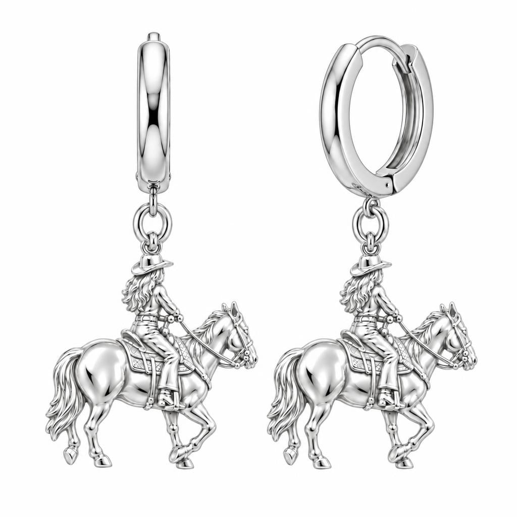 Western Spirit Rider Huggie Charm Earrings – silver, front view