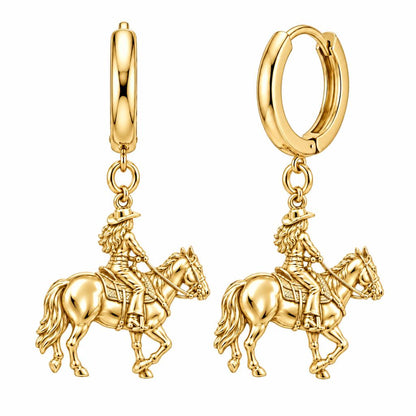 Western Spirit Rider Huggie Charm Earrings – 18K gold, front view