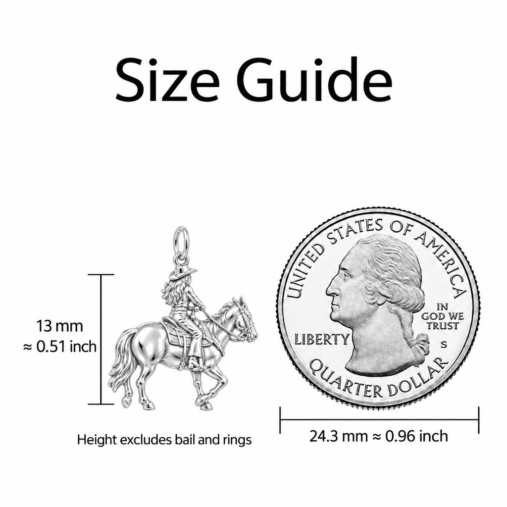 Western Spirit Rider Keepsake Plaque – size guide, 13 mm charm next to a quarter