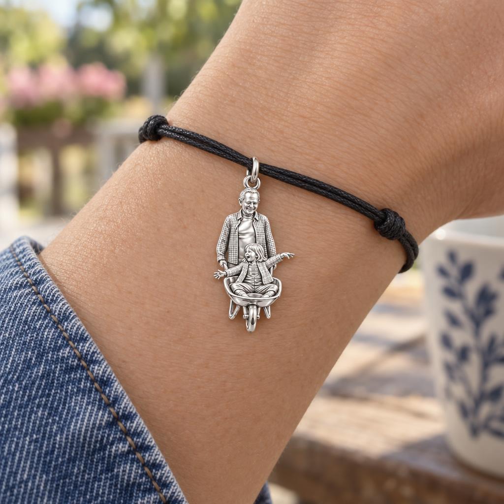 Wheelbarrow Joy Ride Charm Bracelet – Personalized Nana Gift – worn on the wrist on a black cord bracelet