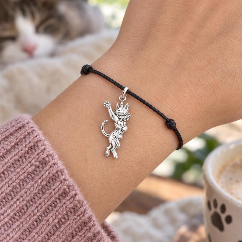 Whimsical Caticorn Clown Charm Bracelet – Personalized Gift – worn on the wrist on a black cord bracelet