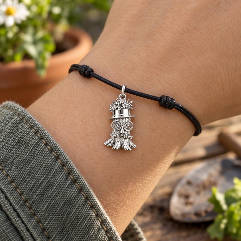 Whimsical Tree Spirit Charm Bracelet – Personalized Dad Gift – worn on the wrist on a black cord bracelet