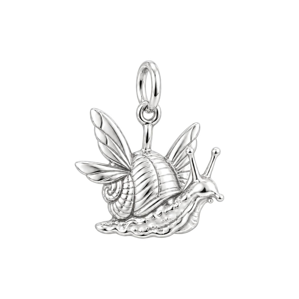 Whimsical Winged Snail Charm Bracelet – Personalized Nature Gift – silver charm, front view