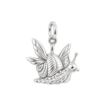 Whimsical Winged Snail Charm Bracelet – Personalized Nature Gift – silver charm, front view