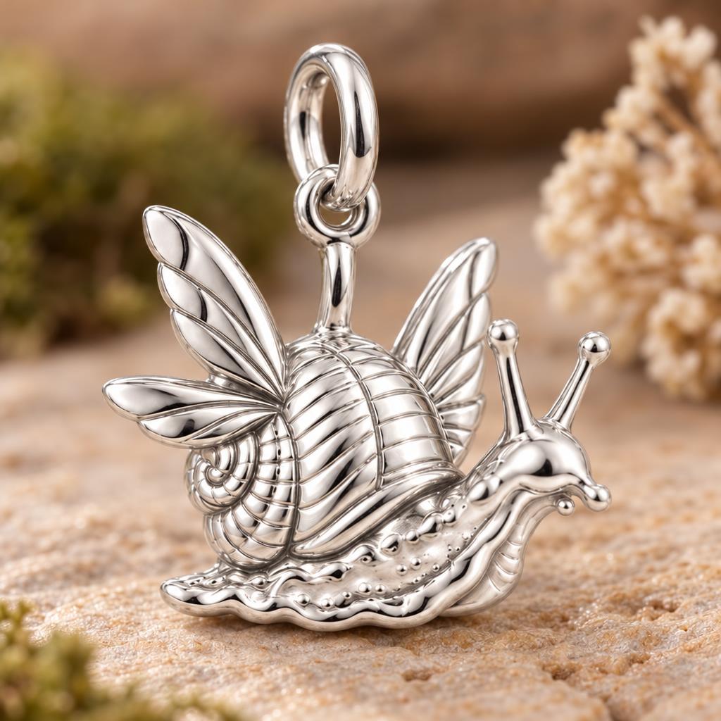 Whimsical Winged Snail Charm Bracelet – Personalized Nature Gift – macro detail of the charm