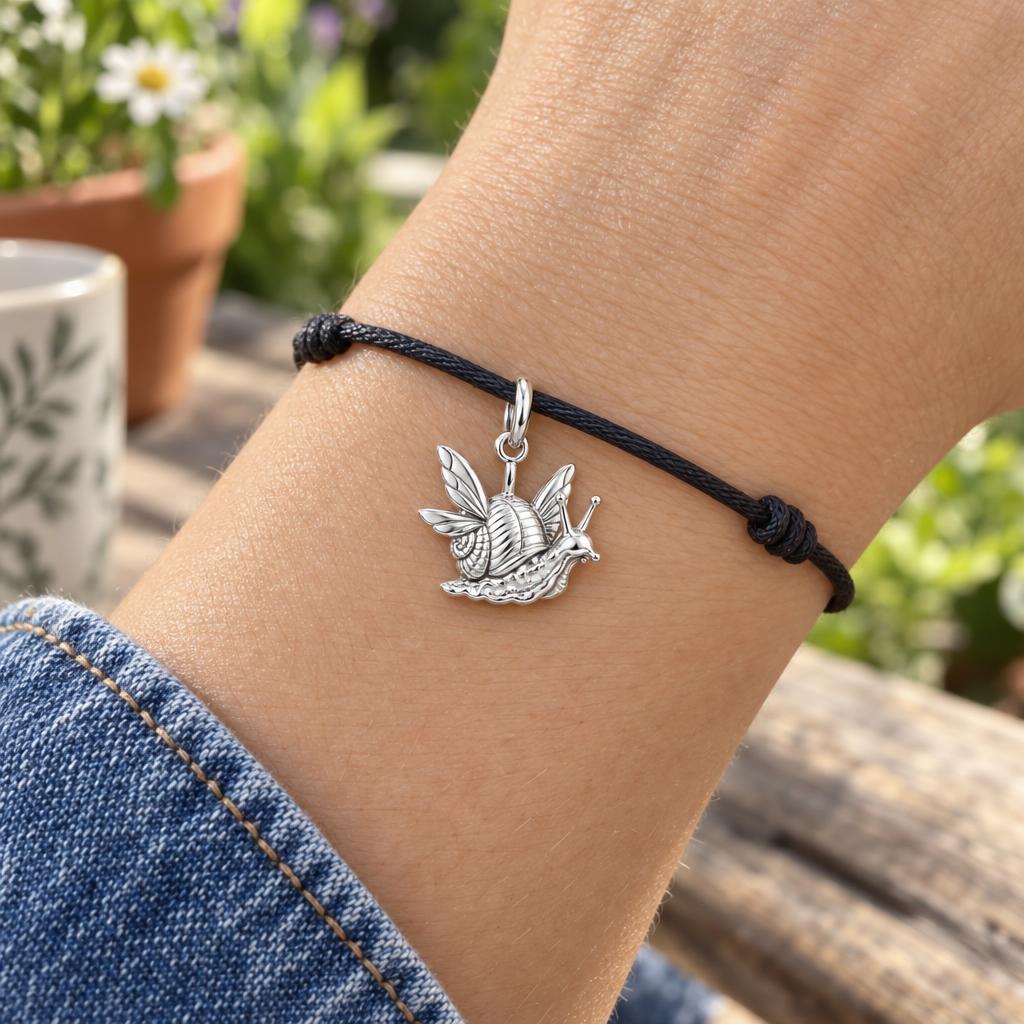 Whimsical Winged Snail Charm Bracelet – Personalized Nature Gift – worn on the wrist on a black cord bracelet