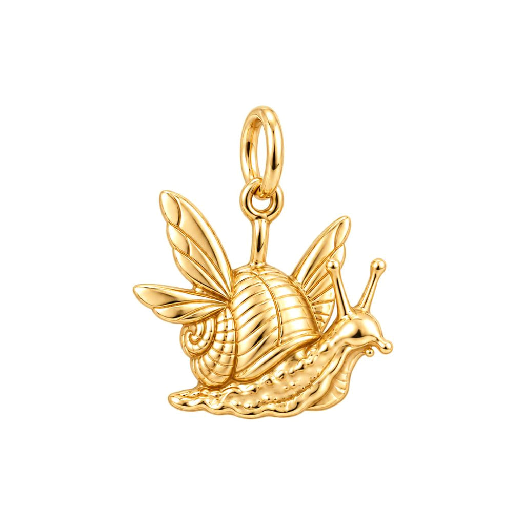 Whimsical Winged Snail Charm Bracelet – Personalized Nature Gift – 18K gold charm, front view