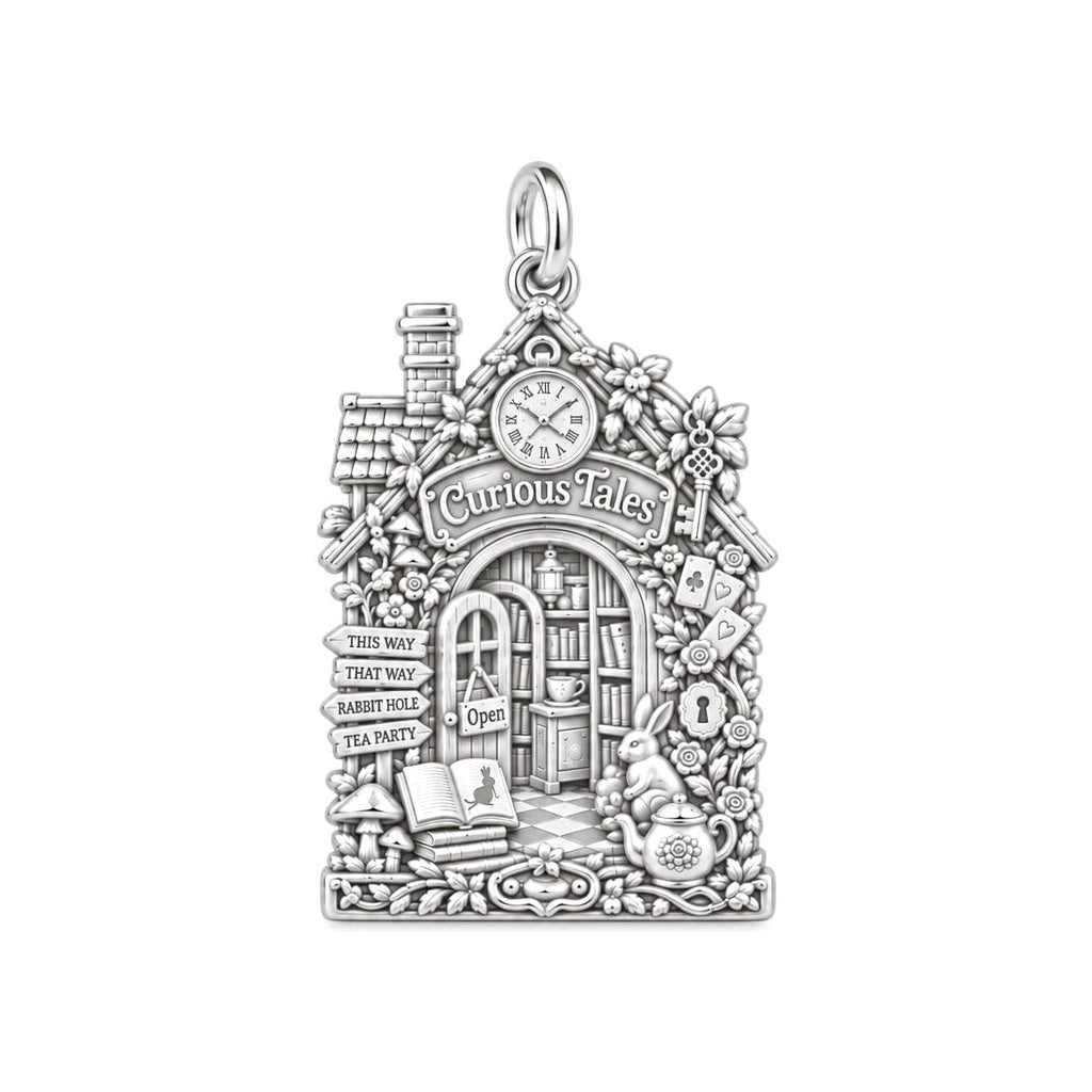 Whimsical Wonderland Bookshop Charm Bracelet – Personalized Book – silver plated 2 cm charm, front view