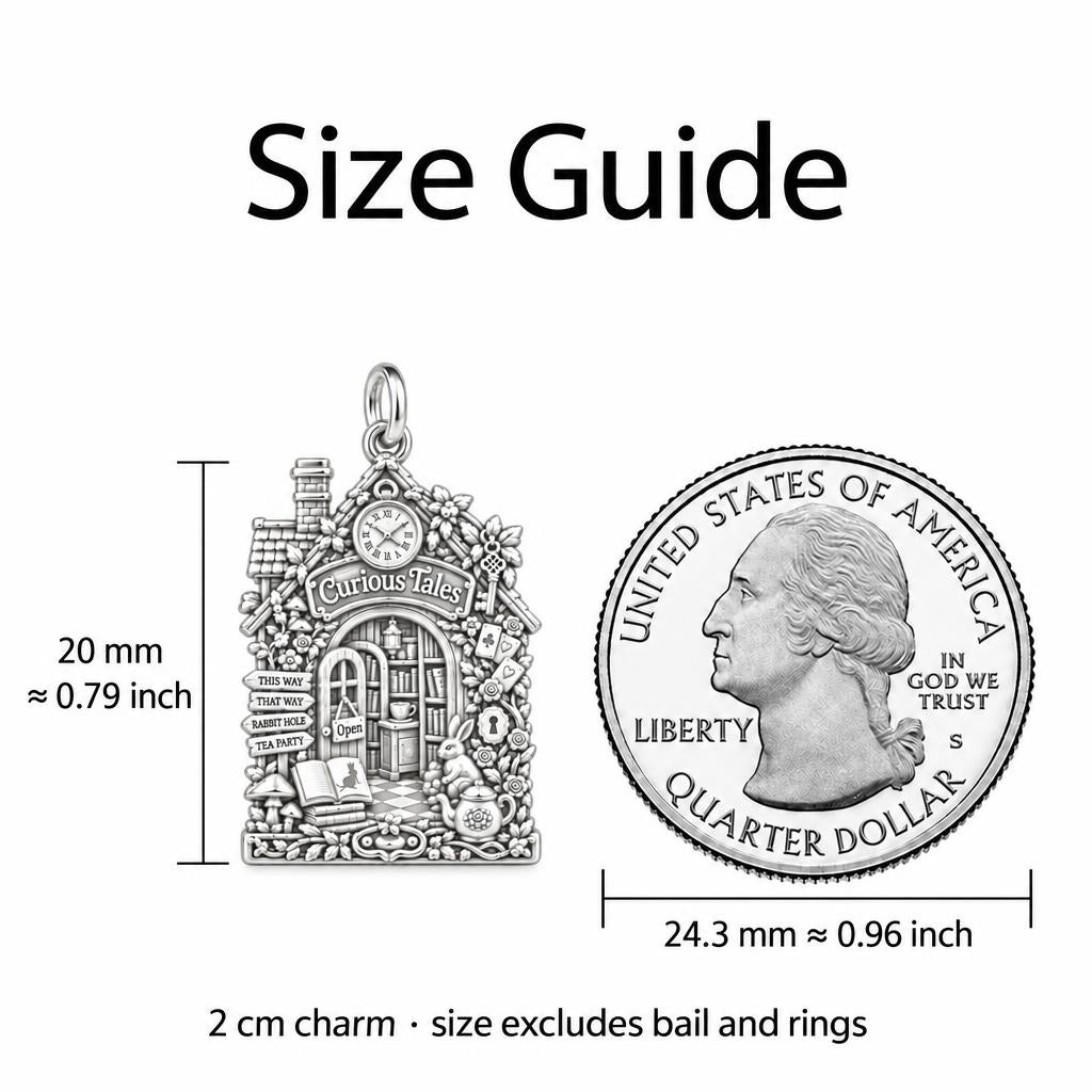 Whimsical Wonderland Bookshop Charm Bracelet – Personalized Book – size guide, 2 cm charm next to a quarter