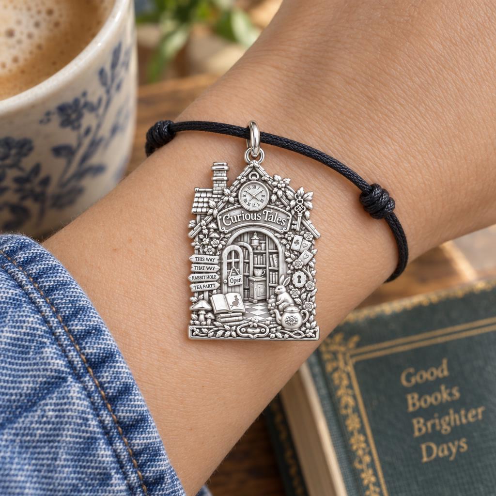 Whimsical Wonderland Bookshop Charm Bracelet – Personalized Book – worn on the wrist on a black cord bracelet