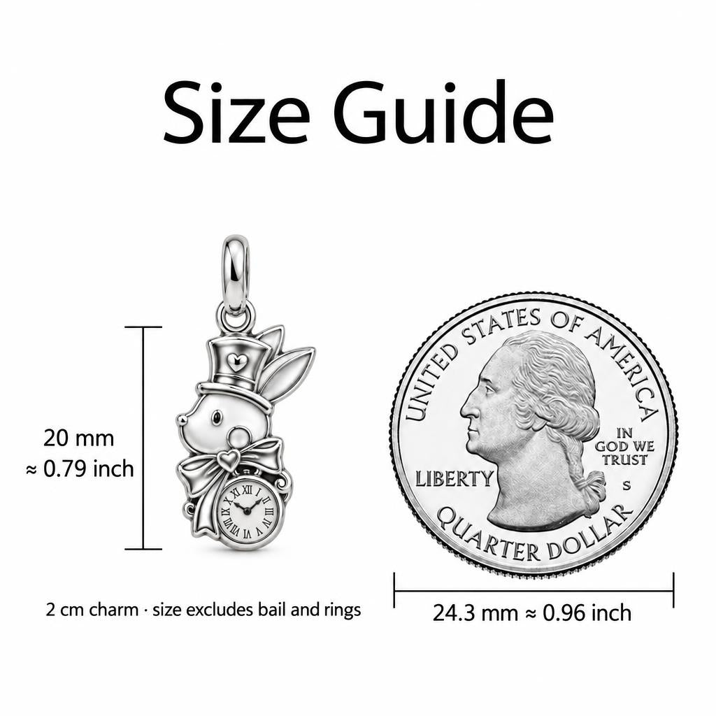 Whimsical Wonderland Rabbit Charm Bracelet – Personalized Gift – size guide, 2 cm charm next to a quarter