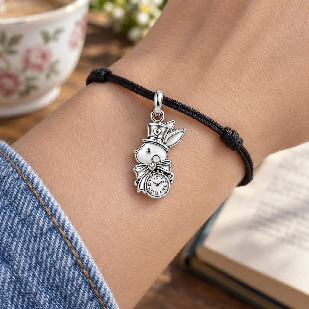 Whimsical Wonderland Rabbit Charm Bracelet – Personalized Gift – worn on the wrist on a black cord bracelet