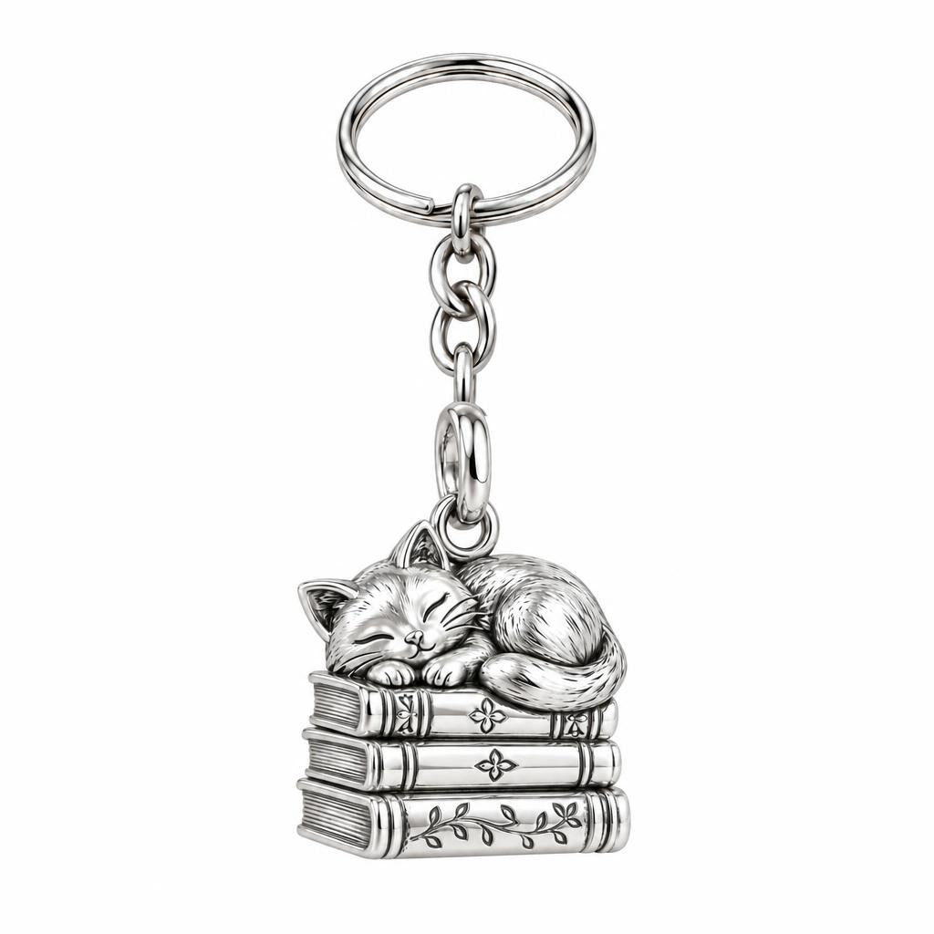 Whiskers & Chapters Charm Keychain – silver, front view
