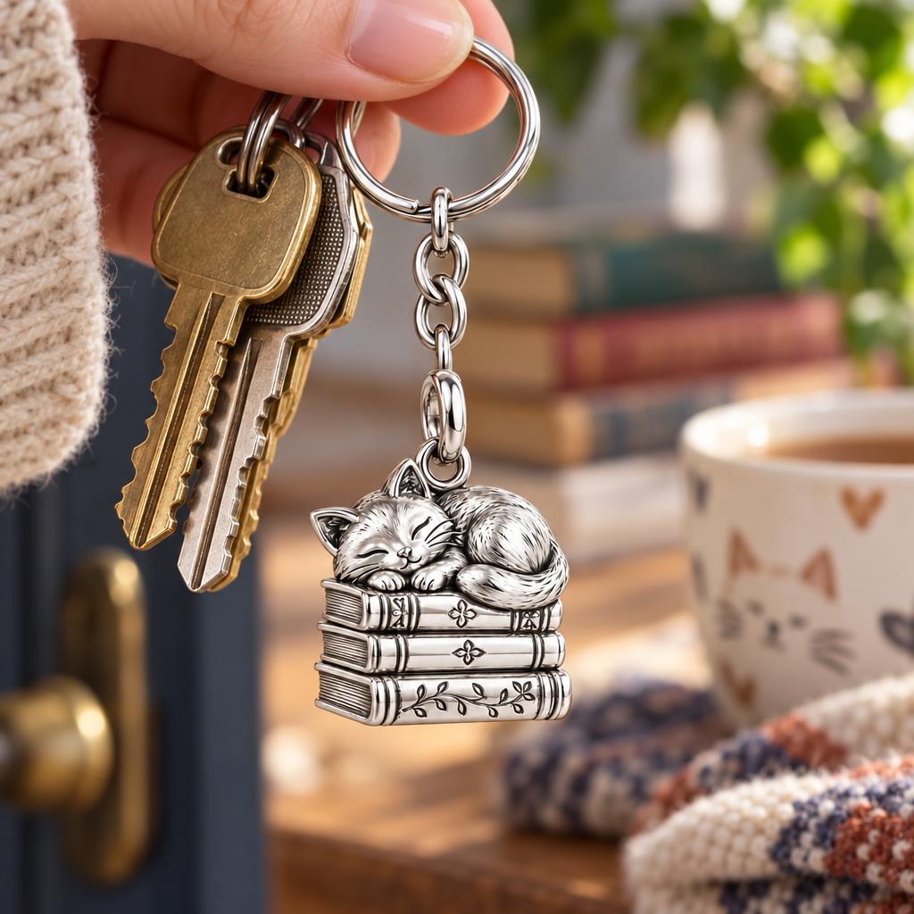 Whiskers & Chapters Charm Keychain – worn / in use