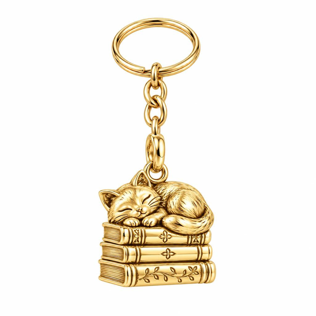 Whiskers & Chapters Charm Keychain – 18K gold, front view