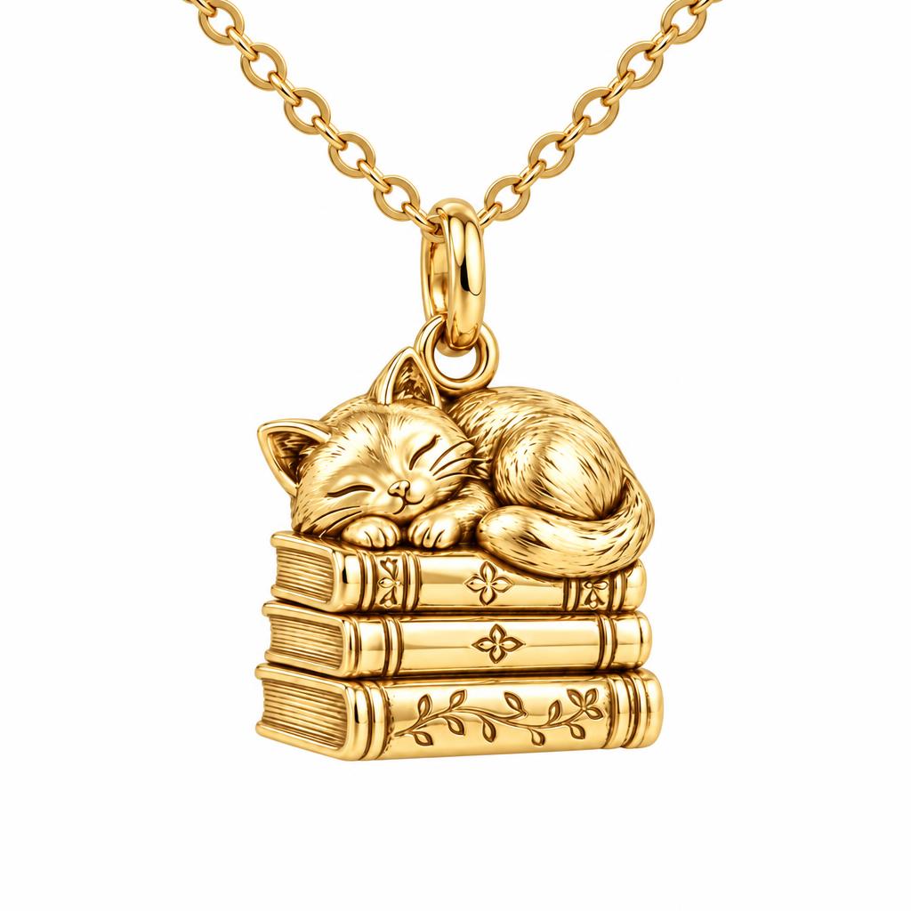 Whiskers & Chapters Charm Necklace Set – 18K gold, front view