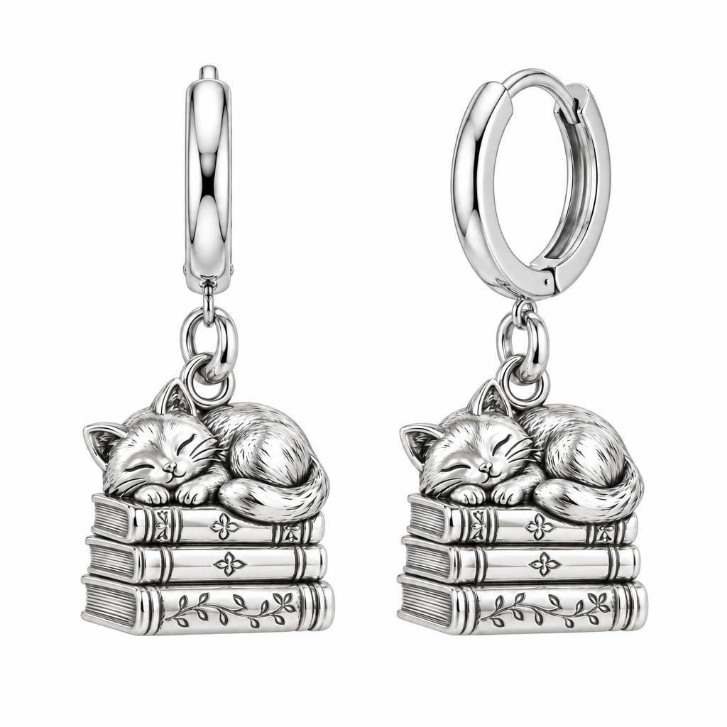 Whiskers & Chapters Huggie Charm Earrings – silver, front view