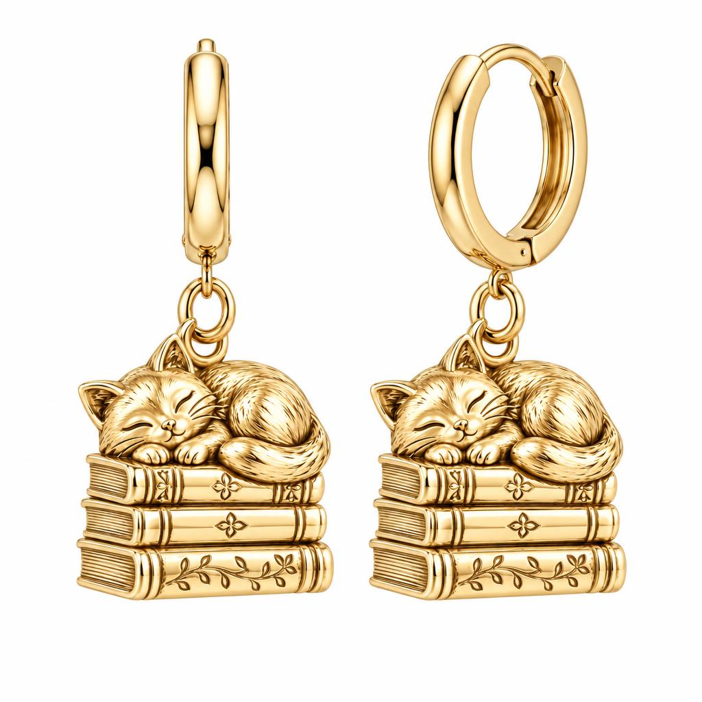 Whiskers & Chapters Huggie Charm Earrings – 18K gold, front view