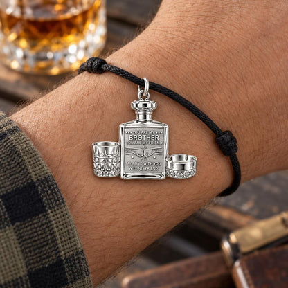 Whiskey Bond Brotherhood Charm Bracelet – Personalized Brother Gift – worn on the wrist on a black cord bracelet