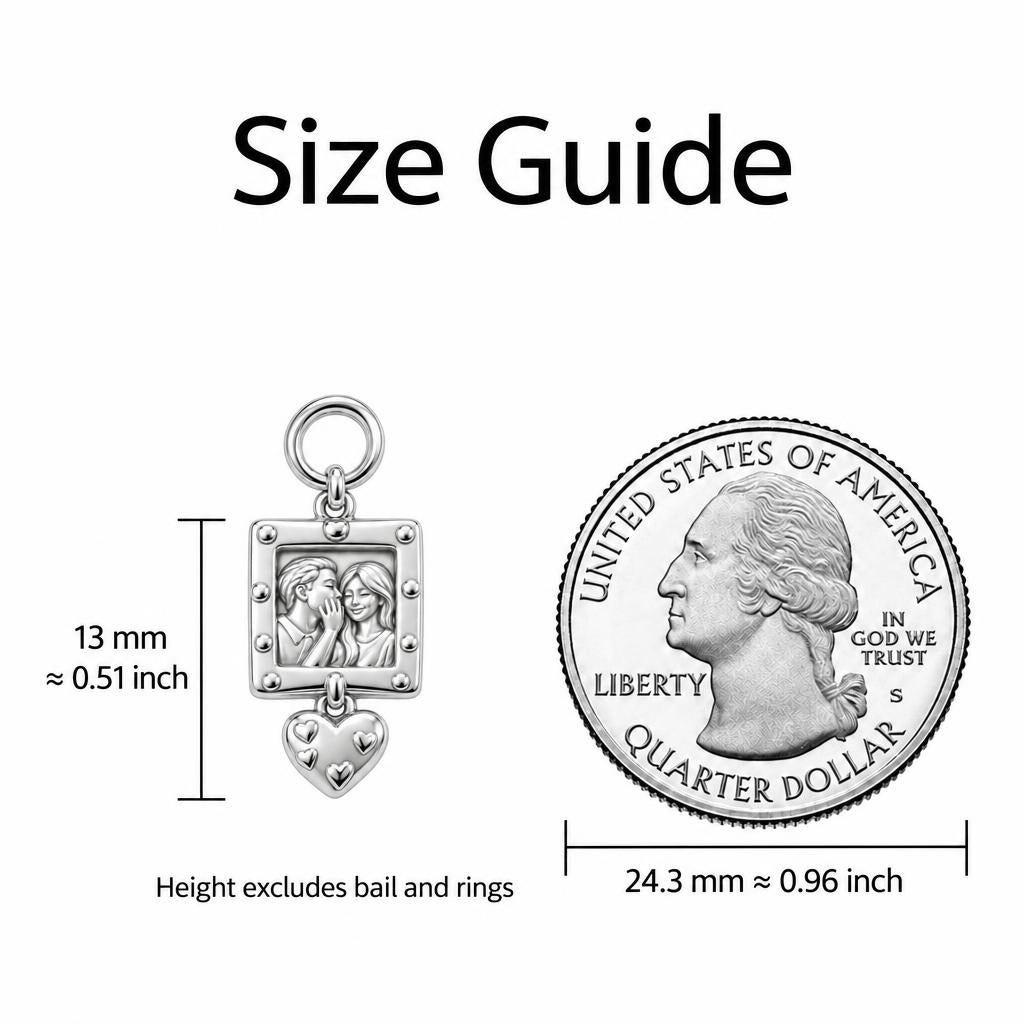 Whispered Secrets Portrait Charm Bracelet – Personalized Couple Gift – size guide, 13 mm charm next to a quarter