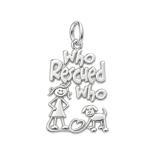 Who Rescued Who Charm and Polyester Cord Bracelet Set – silver charm, front view