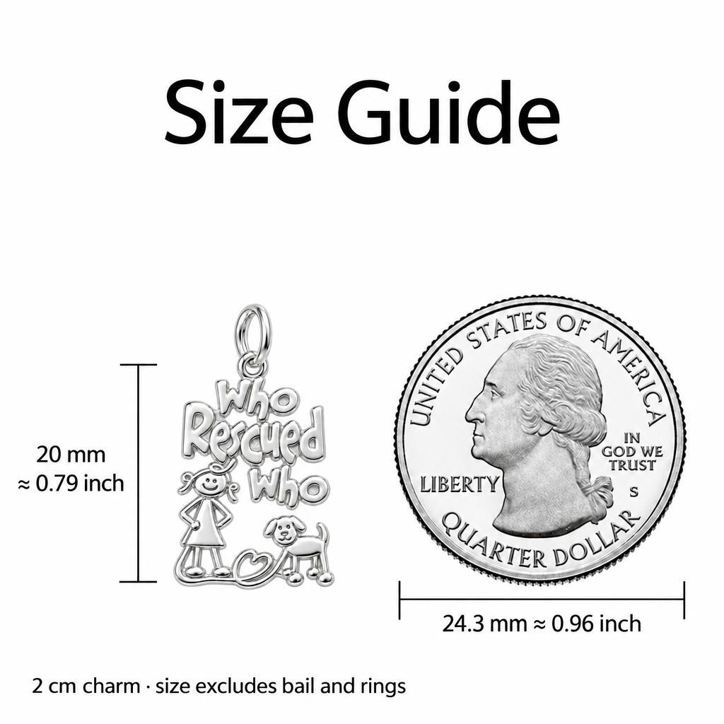 Who Rescued Who Charm Necklace Set – size guide, 13 mm charm next to a quarter