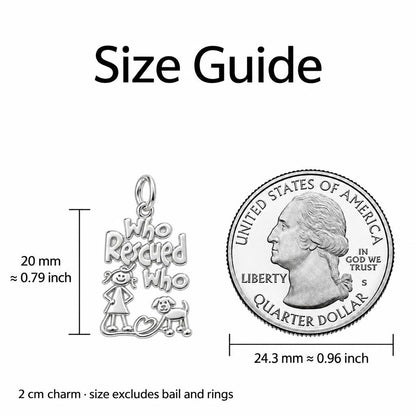 Who Rescued Who Charm Necklace Set – size guide, 13 mm charm next to a quarter