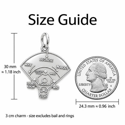 Who's on First Baseball Charm Bracelet – Personalized Fan Gift – size guide, 3 cm charm next to a quarter