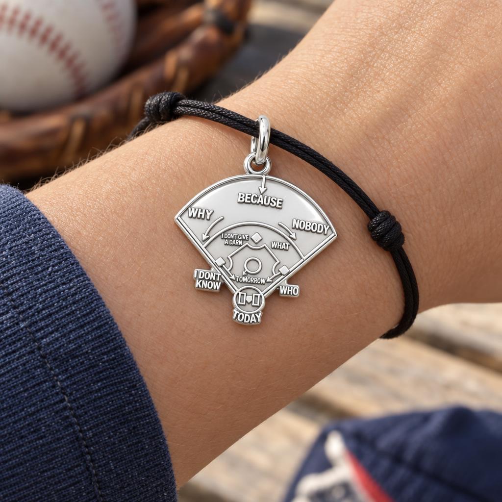 Who's on First Baseball Charm Bracelet – Personalized Fan Gift – worn on the wrist on a black cord bracelet