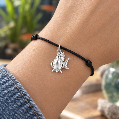 Wide Eyed Goldfish Charm Bracelet – Personalized Pet Gift – worn on the wrist on a black cord bracelet