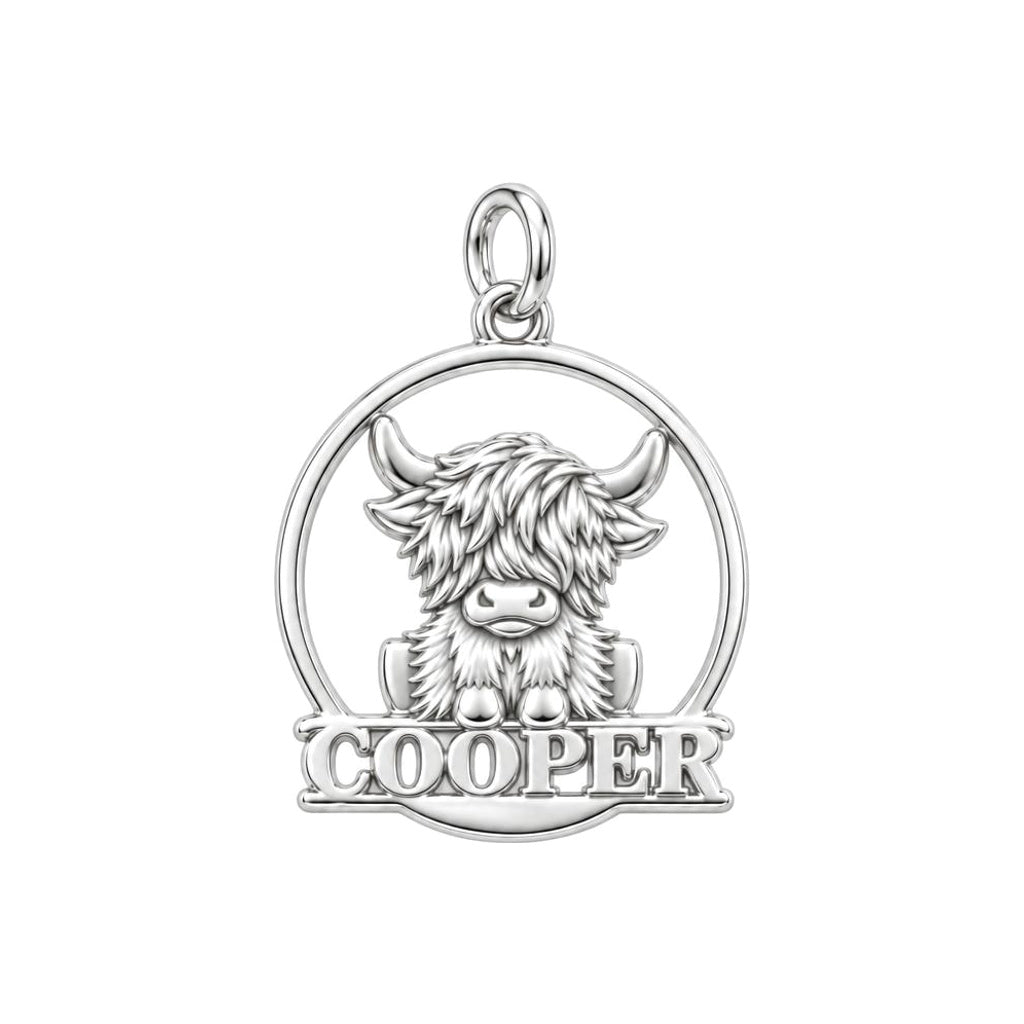 Wild and Woolly Highland Cow Charm Bracelet – Personalized Mom Gift – silver charm, front view