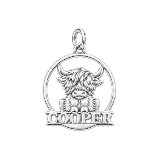 Wild and Woolly Highland Cow Charm Bracelet – Personalized Mom Gift – silver charm, front view