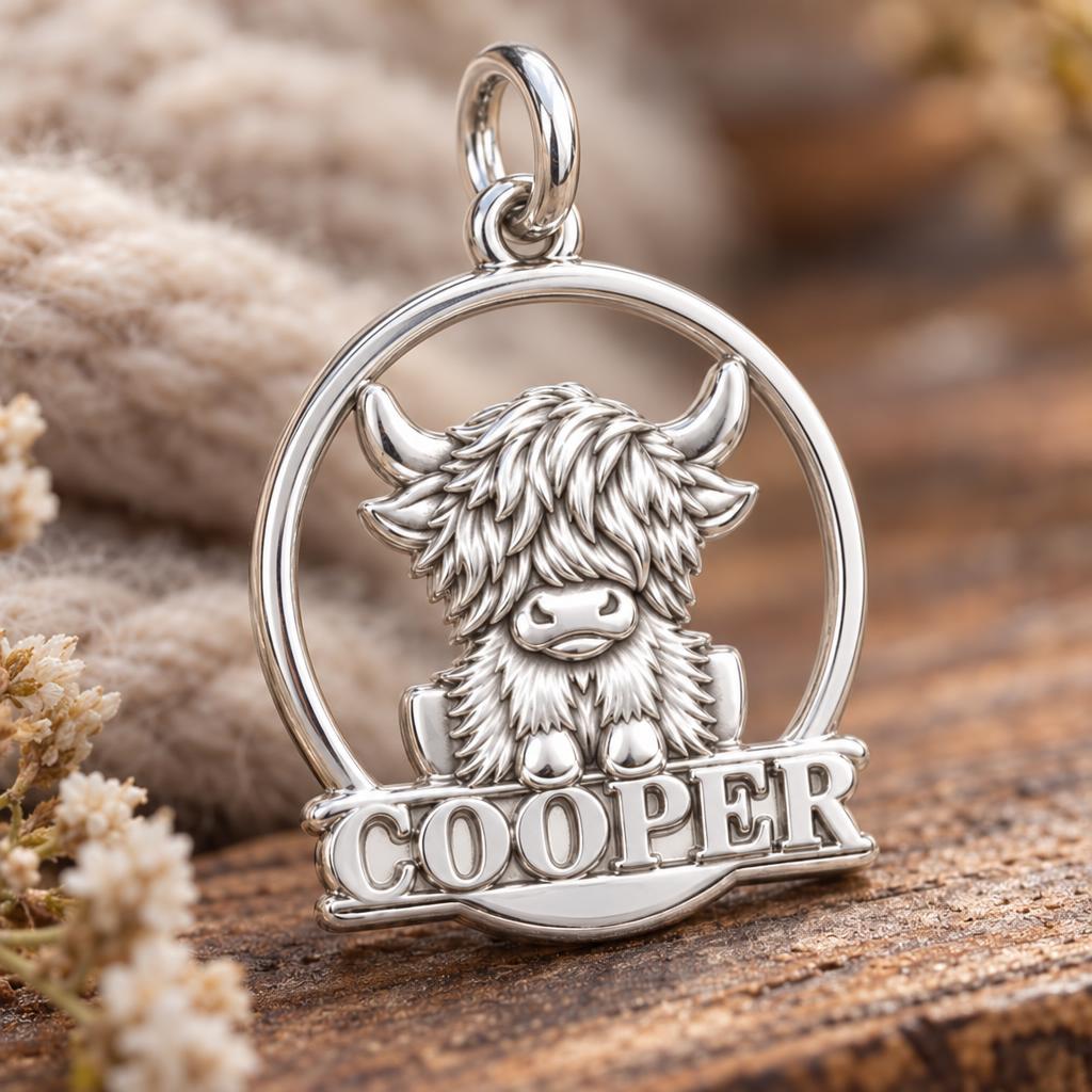 Wild and Woolly Highland Cow Charm Bracelet – Personalized Mom Gift – macro detail of the charm