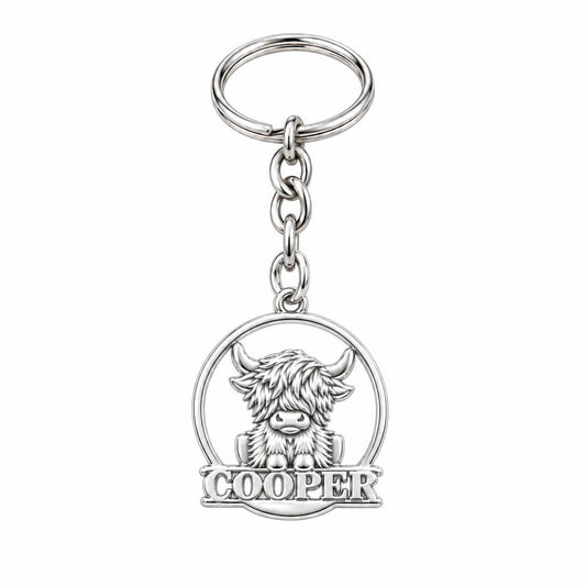 Wild and Woolly Highland Cow Charm Keychain – silver, front view