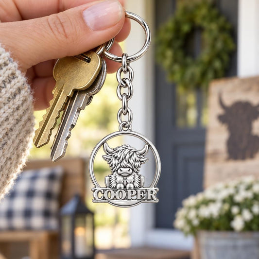 Wild and Woolly Highland Cow Charm Keychain – worn / in use