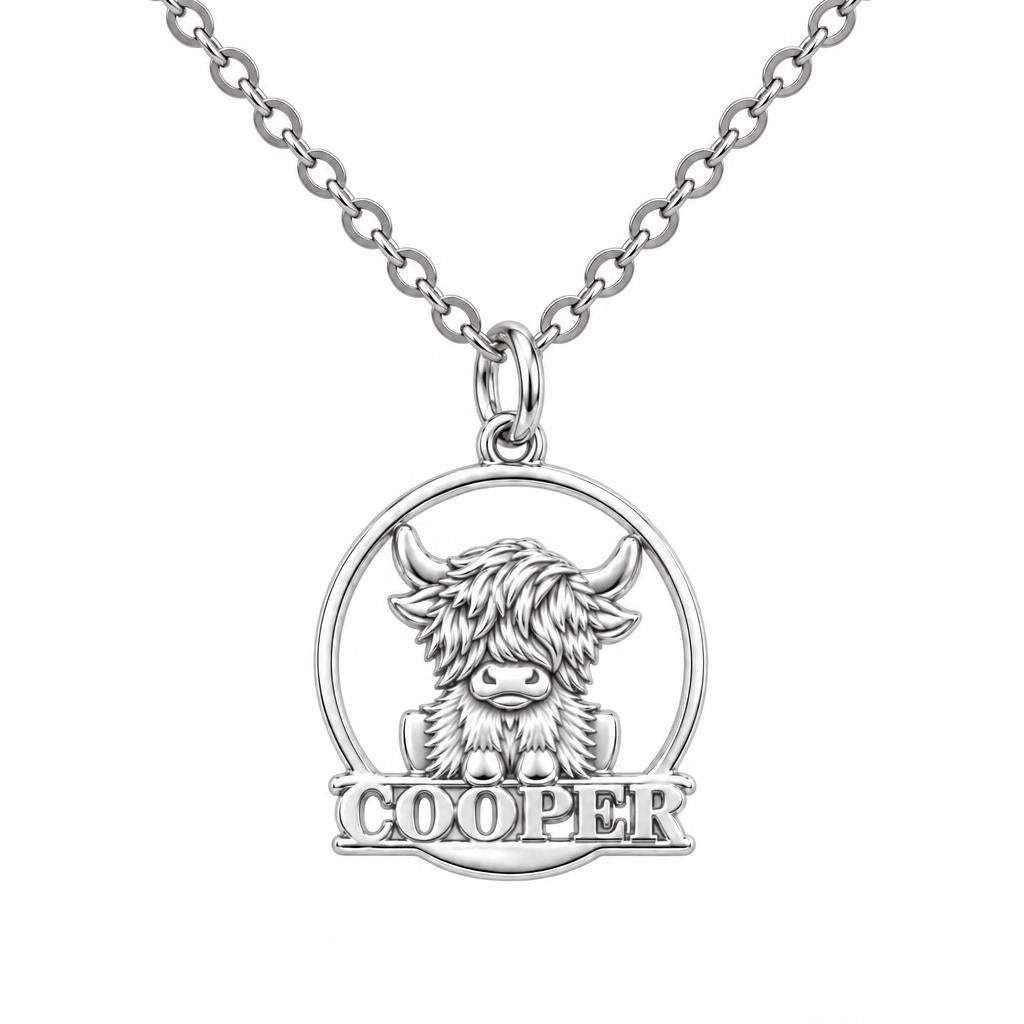 Wild and Woolly Highland Cow Charm Necklace Set – silver, front view