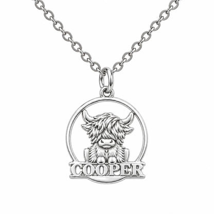 Wild and Woolly Highland Cow Charm Necklace Set – silver, front view