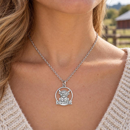 Wild and Woolly Highland Cow Charm Necklace Set – worn / in use