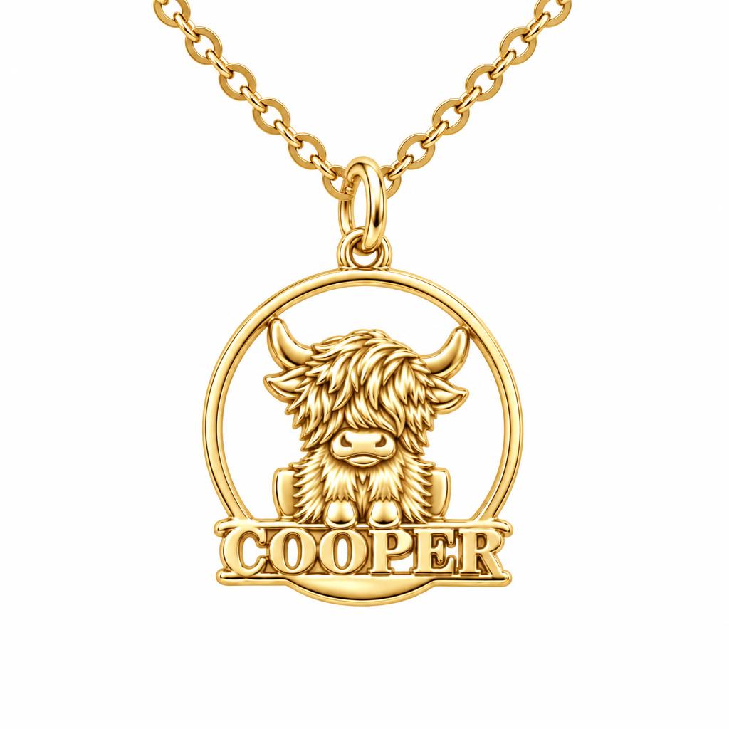Wild and Woolly Highland Cow Charm Necklace Set – 18K gold, front view